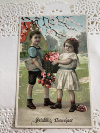 Briefkaarten | Nederland | Kinderen | Gelukkig Nieuwjaar - Jongen en meisje met mandje met rozen en bloesemtakken
