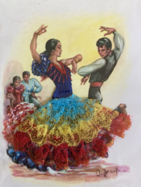 VERKOCHT | Spanje | Kaarten | BLAUW-GOUD-GEEL-ROOD | 137/9 A.J. Raofa Geborduurde getekende kaart flamenco dansers kanten rokje
