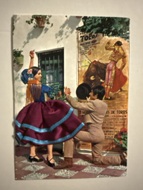 Geborduurde souvenir kaarten | Spanje | Rood | Stoffen rokje - paartje flamenco dansers