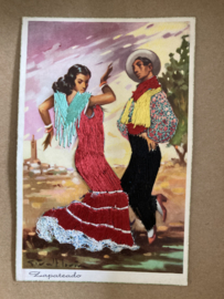 VERKOCHT | Geborduurde souvenir kaarten | Spanje - Soberanas | Rood  | Tarjeta Postal Zapateado - Vintage jaren '50 ansichtkaart Spaanse flameco dansers GIRALT LEVIN