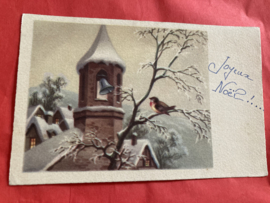 Kerstkaarten | Winterlandschappen | Joyeux Noël - kerkje in de sneeuw en roodborstje - Charme 908