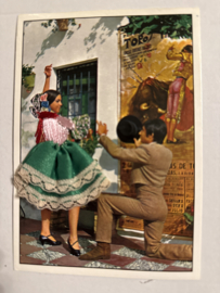 Geborduurde souvenir kaarten | Spanje | Groen | Flamenco dansers - stoffen rokje met glitters