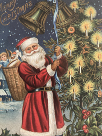 Kerstkaarten | Victoriaanse stijl  blanco kerstkaart of cadeau label 'Merry Christmas' | Kerstman bij kerstboom met kaarsjes