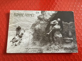 Ansichtkaart | Brocante kaart 'Bonne Annee' Hier et Aujourd'hui paartje in grot