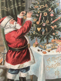 Kerstkaarten | Kerstmannen | Nieuwe blanco kerstkaart of cadeau label 'A Merry Christmas' | Kerstman hangt kerstbal in de kerstboom