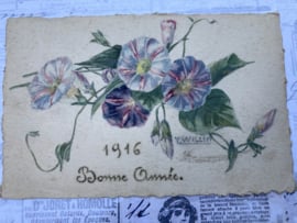 Briefkaarten | Bloemen | Klokjes |  1916 - Bonne Annee - mooie getekende kaart van klokjes Petunia’s Y. Willem