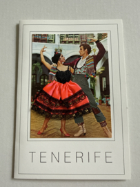 Geborduurde souvenir kaarten | Spanje | Oranje-rood | Tenerife Flamenco dansers - stoffen rokje met glitters en kant - dubbele kaart