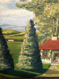 Schilderijen | 'Huisje, boompje, beestje' | Schilderijtje uit de jaren '30 met afbeelding van een huisje met moeder, kind en hondje  tussen naaldbomen - olieverf
