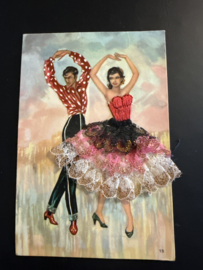 Getekende kaarten | nr. 15 Geborduurde souvenir kaarten | Spanje | Zwart | Flamenco dansers met zwart, wit, roze, goud glitter rokje