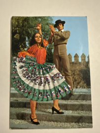 Geborduurde souvenir kaarten | Spanje | Groen | Flamenco dansers - stoffen rokje met glitters
