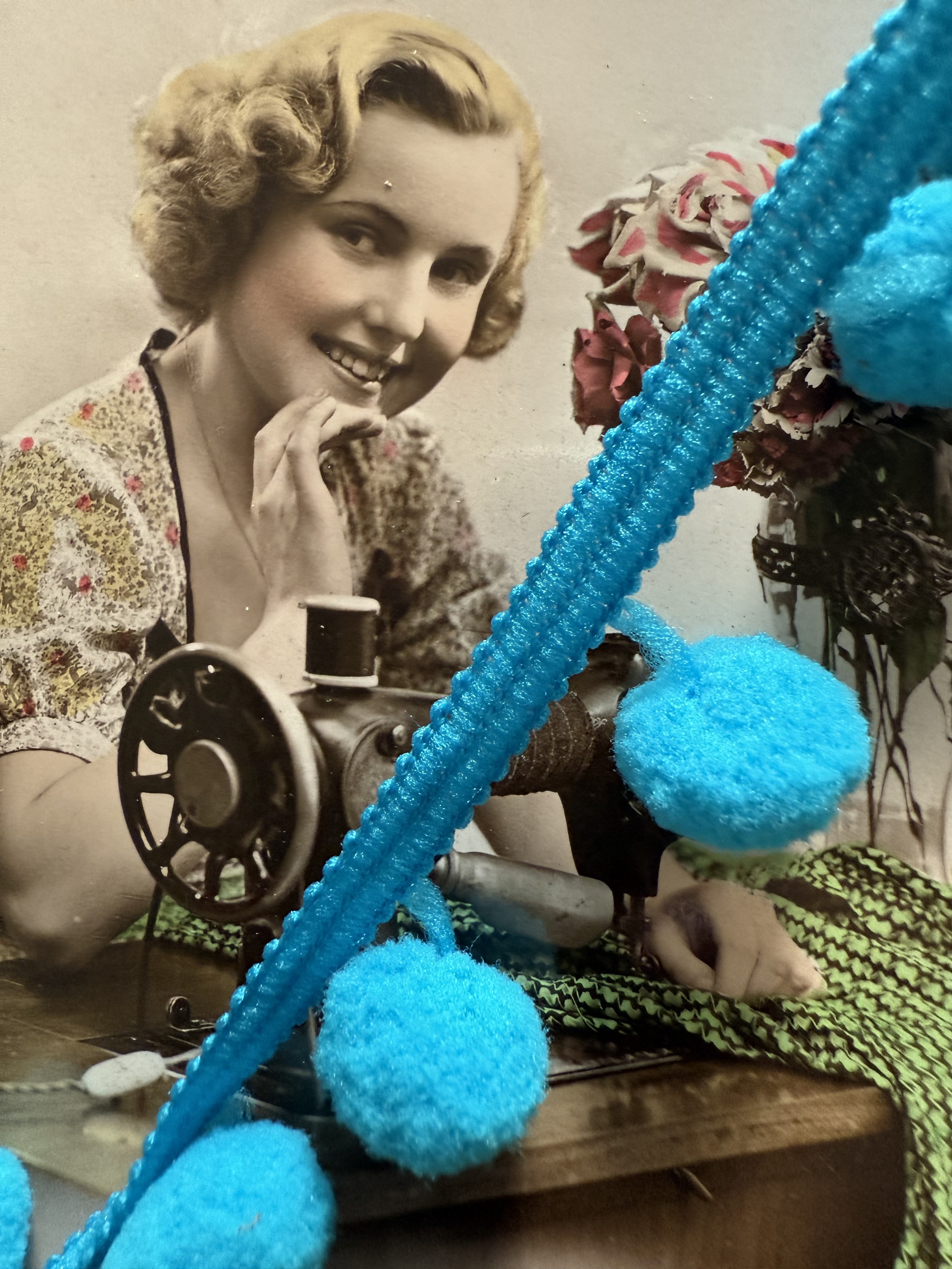 Pompom band | Blauw | 03 cm - 30 mm x 50 cm breed | Turquoise Boho band (kleine bolletjes)