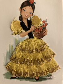 Spanje | Souvenir kaarten Bigeyed | Danseresje in gele jurk - getekend Madosa Garcia