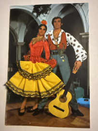 Geborduurde souvenir kaarten | Spanje | Geel | Flamenco dansers - stoffen rokje met glitters