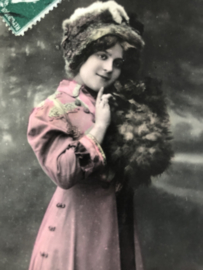 Ansichtkaart | Frankrijk | Meisjes | 1912 - Carte Postale - Bonne Année 'Meisje met bontmutsje en mof in kerstsfeer - postzegel 5 cent
