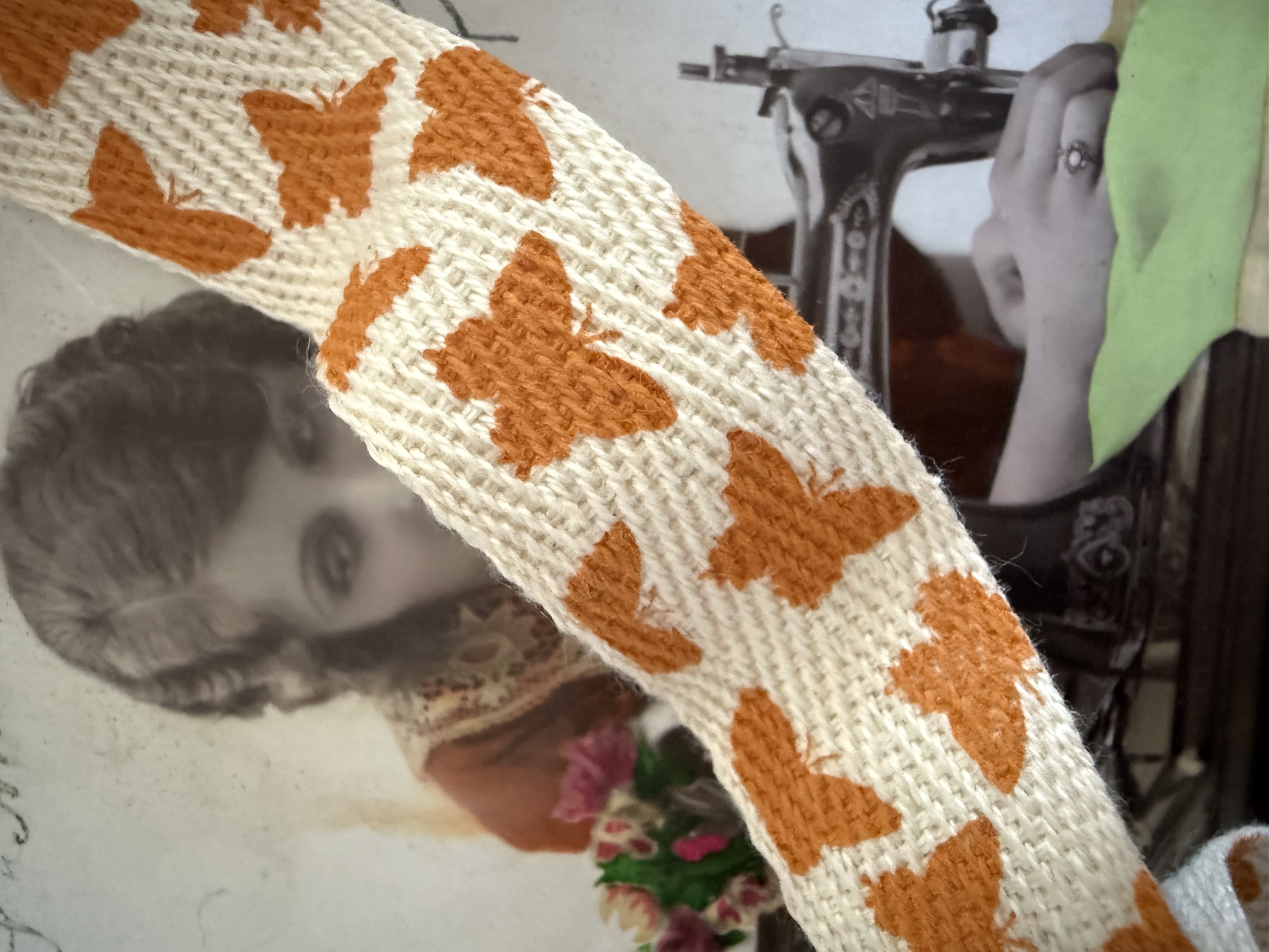 Lint | Oranje | 02.5 cm - 25 mm | Printed Twill - Cremewit zacht lint met oranje vlinders
