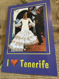 Geborduurde souvenir kaarten | Spanje | Wit | Tenerife - Dubbele kaart I ❤️ Tenerife - Spaanse stoffen rokje kaart flamenco dansers