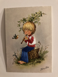 Souvenir kaarten Bigeyed | Onbekend | Jongentje met fluit en vogeltje  - getekend Mary May