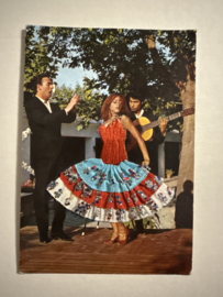 Geborduurde souvenir kaarten | Spanje | Blauw | Geborduurde kaart flamenco dansers met blauw, wit,rood glitter rokje