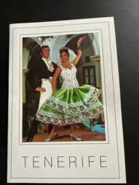 Geborduurde souvenir kaarten | Spanje | Groen | Tenerife Flamenco dansers - stoffen rokje met glitters en kant - dubbele kaart