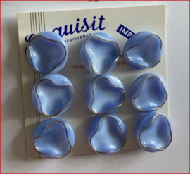 Glasknopen | Blauw | Ø 18 mm - EXQUISIT -  Knopenkaartje met negen (9) prachtige Moonglow  art-deco lichtblauwe knopen met gouden randje