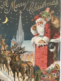Kerstkaarten | Victoriaanse stijl  blanco kerstkaart of cadeau label 'A Merry Christmas' | Kerstman in schoorsteen met arrenslee