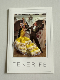 Geborduurde souvenir kaarten | Spanje | Geel | Tenerife Flamenco dansers - stoffen rokje met glitters en kant - dubbele kaart