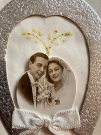 Ansichtkaart | Hangemaakte felicitatie kaart huwelijk hoefijzer en wit strikje