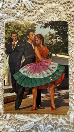 Geborduurde souvenir kaarten | Spanje | Groen | Flamenco dansers - stoffen rokje met roze wit en groen
