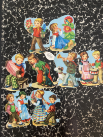 Poezieplaatjes | Kruger | Vintage velletje met 8 plaatjes met kinderen en muziekinstrumenten