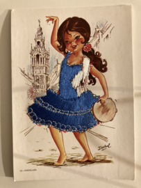 Souvenir kaarten Bigeyed | Spanje - Andaluza | Flamenco danseresje met tamboerijn en blauwe geborduurde jurk - getekend Isabel