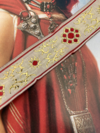 Sierband | Rood | 1 cm - Turks brokaat band ecru met rood en goud motief  - 50 cm
