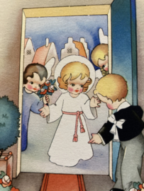 België | Kaarten | Communiekaart | Colorprint Special nr. 1597 | meisje en jongetje met een lammetje en  twee engeltjes gaan de kerk in