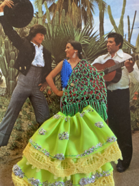 Spanje | Kaarten | GROEN -ZILVER | Geborduurde getekende kaart flamenco dansers met kanten rokje en prachtige sjaal