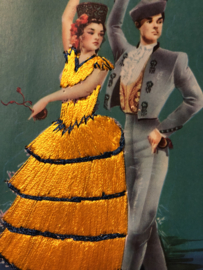 VERKOCHT | Spanje | Kaarten | Geborduurde kaart flamenco dansers (geel) met gele jurk - Valentia | Tarjeta postal