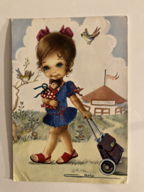 Souvenir kaarten Bigeyed | Onbekend | Meisje met boodschappenwagentje naar supermarkt  - getekend Ano