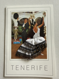 Geborduurde souvenir kaarten | Spanje | Wit | Tenerife Flamenco dansers - stoffen rokje met glitters en kant - dubbele kaart