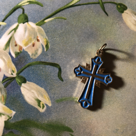 Onbekend | Religie | Katholiek | Oud kunststof kruisje met hanger,  blauw met goudkleur ca. 1950