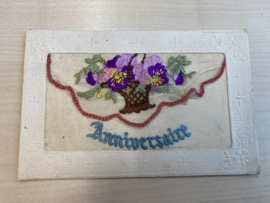 Geborduurde kaart WW1 | Silk Postcard - Cartes postales brodées | Geborduurde antieke Postcard 'Anniversaire'