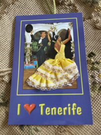 Geborduurde souvenir kaarten | Spanje | Geel | Tenerife - Dubbele kaart I ❤️ Tenerife - Spaanse stoffen rokje kaart flamenco dansers