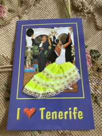 Geborduurde souvenir kaarten | Spanje | Geel | Tenerife - Dubbele kaart I ❤️ Tenerife - Spaanse stoffen rokje kaart flamenco dansers