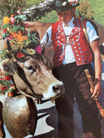 Briefkaarten | Zwitserland | Man in kostuum, koe met bel