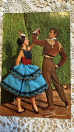 Geborduurde souvenir kaarten | Spanje | Blauw | Flamenco dansers - zwart en goud, rood lijfje