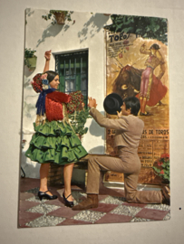 Geborduurde souvenir kaarten | Spanje | Groen | Flamenco dansers met rood lijfje