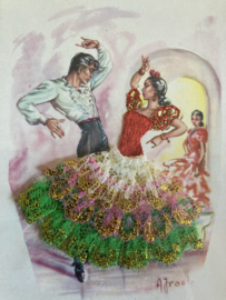 VERKOCHT | Spanje | Kaarten | WIT-GOUD-ROZE_GROEN | 137/6 A.J. Raofa Geborduurde getekende kaart flamenco dansers kanten rokje