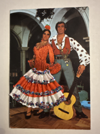 Geborduurde souvenir kaarten | Spanje | Rood | Flamenco dansers - stoffen rokje met glitters