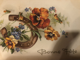 Kerstkaarten | Bloemen |  Hoefijzer met viooltjes en vogeltje  'Bon Fete' - 1952