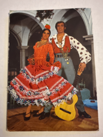 Geborduurde souvenir kaarten | Spanje | Rood | Flamenco dansers - stoffen rokje met glitters