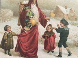 Kerstkaarten | Victoriaanse  stijl  blanco kerstkaart of cadeau label | Kerstman met kinderen in de sneeuw