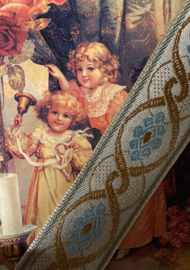 Sierband | Blauw | Jaquard | vintage sierband 'PARIS' beige met blauw en goud patroon (50 x 5 cm)