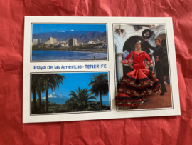 Geborduurde souvenir kaarten | Spanje | Rood | Tenerife - Playa de las Americana’s Spaanse stoffen rokje kaart flamenco danseres